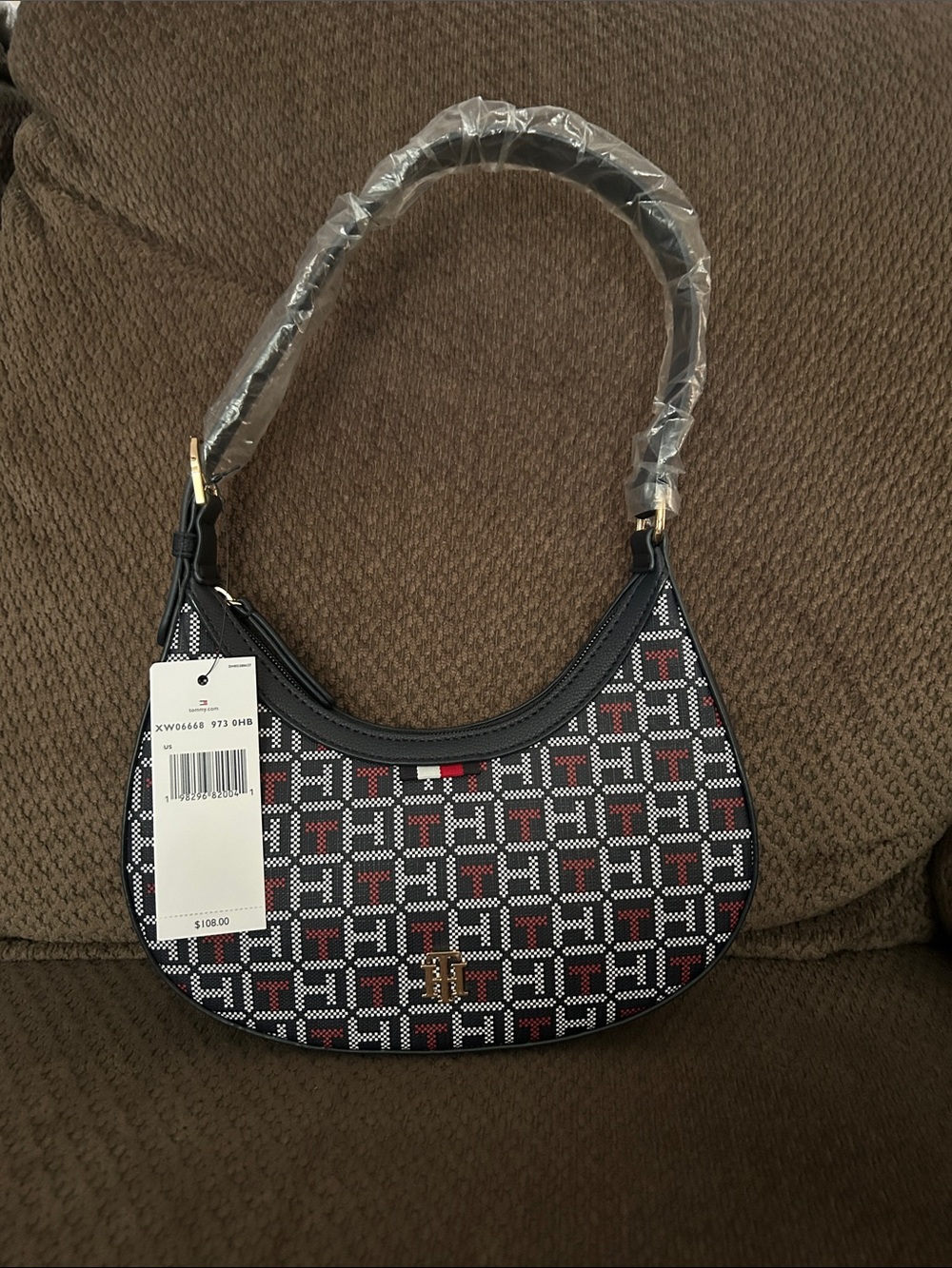 Tommy Hilfiger Blue Shoulder Bag with Red and White Geometric Pattern